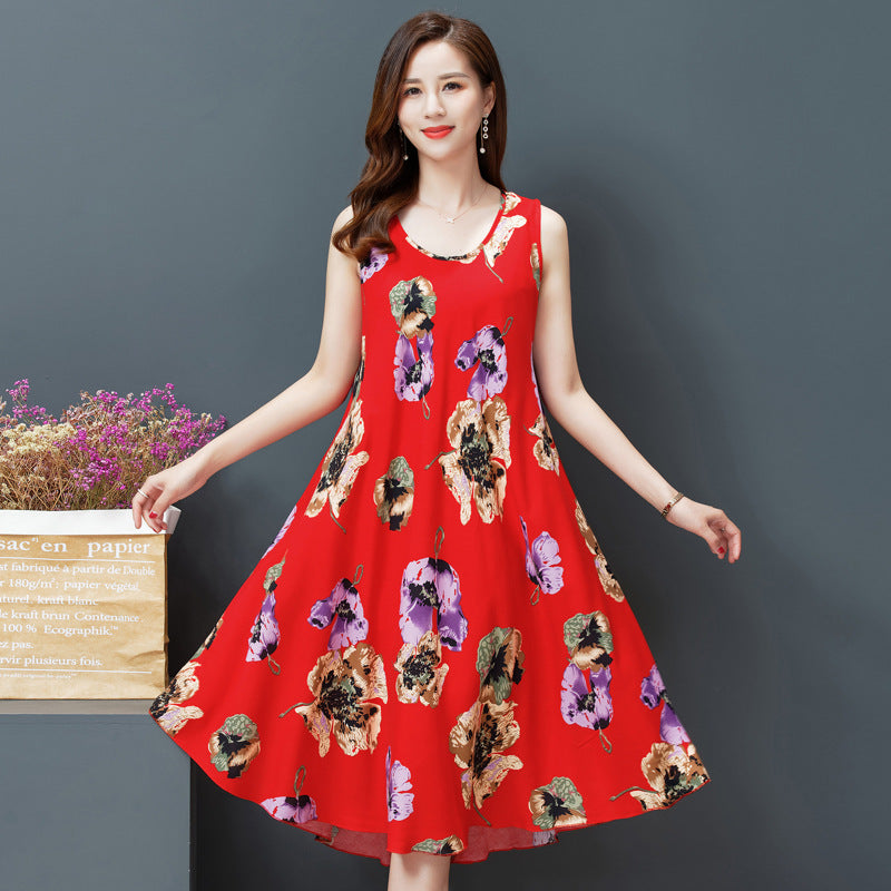 Large Size Bourette Vest Dress Summer New Ethnic Style Women's Clothing Artistic Retro Printing Sleeveless Swing Long Dress