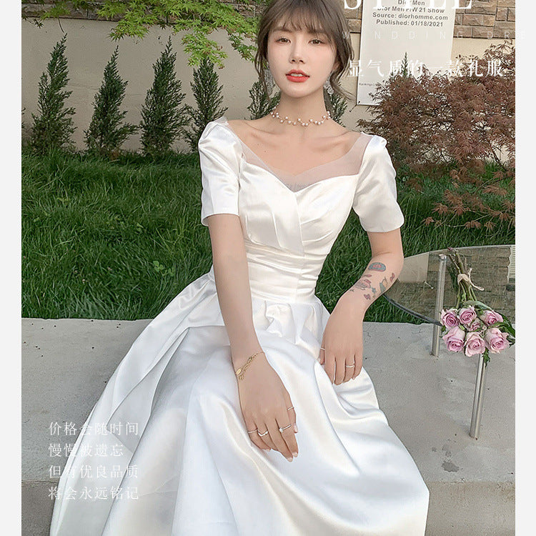VSKKV Satin Wedding Dress New Elegant Light Wedding Dress Simple Trip Shoot White Wedding Dress Daily Style Women