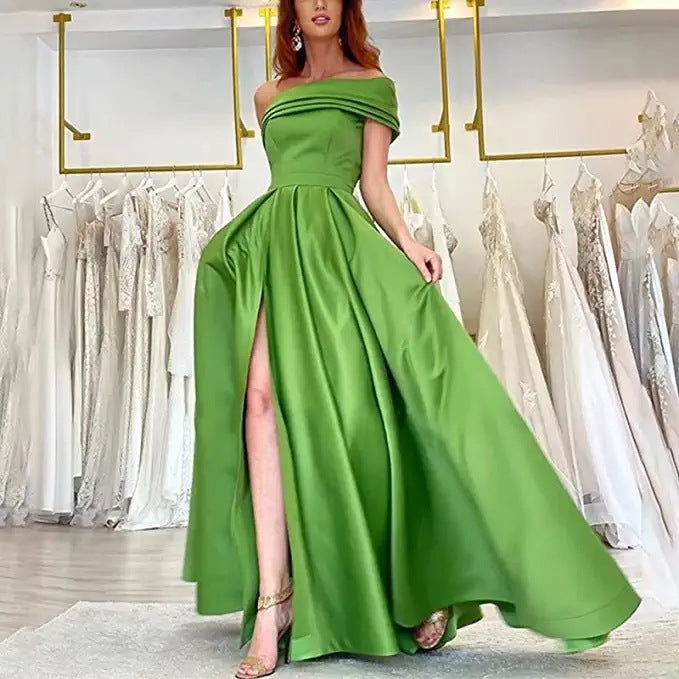 VAKKV Foreign Trade One Shoulder Satin Dress Evening Dress Birthday Banquet Pettiskirt Green High Slit Sexy Jumpsuit