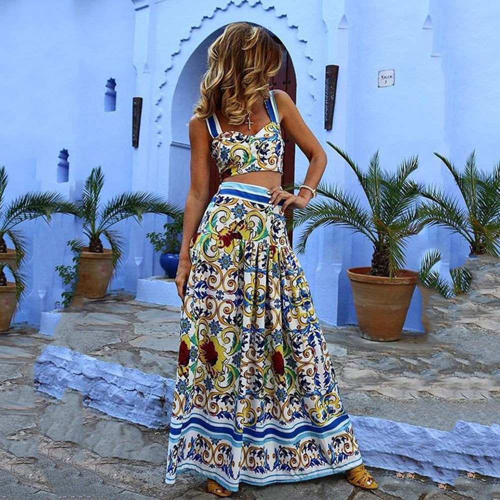 2025 Cross-border Spring and Summer New 2025 Women's Clothing Sexy Temperament Suspender Printed Dress Set Beach Dress Two-piece Pack