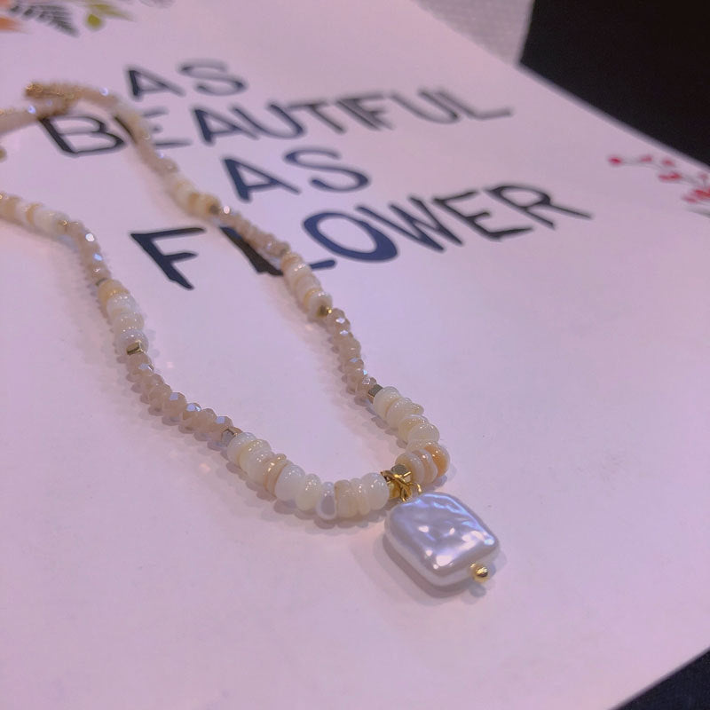 Cross-Border European and American Twin Natural Shell Pearl Necklace Diamond Turquoise Titanium Steel Pendant Color Necklace Female Accessories