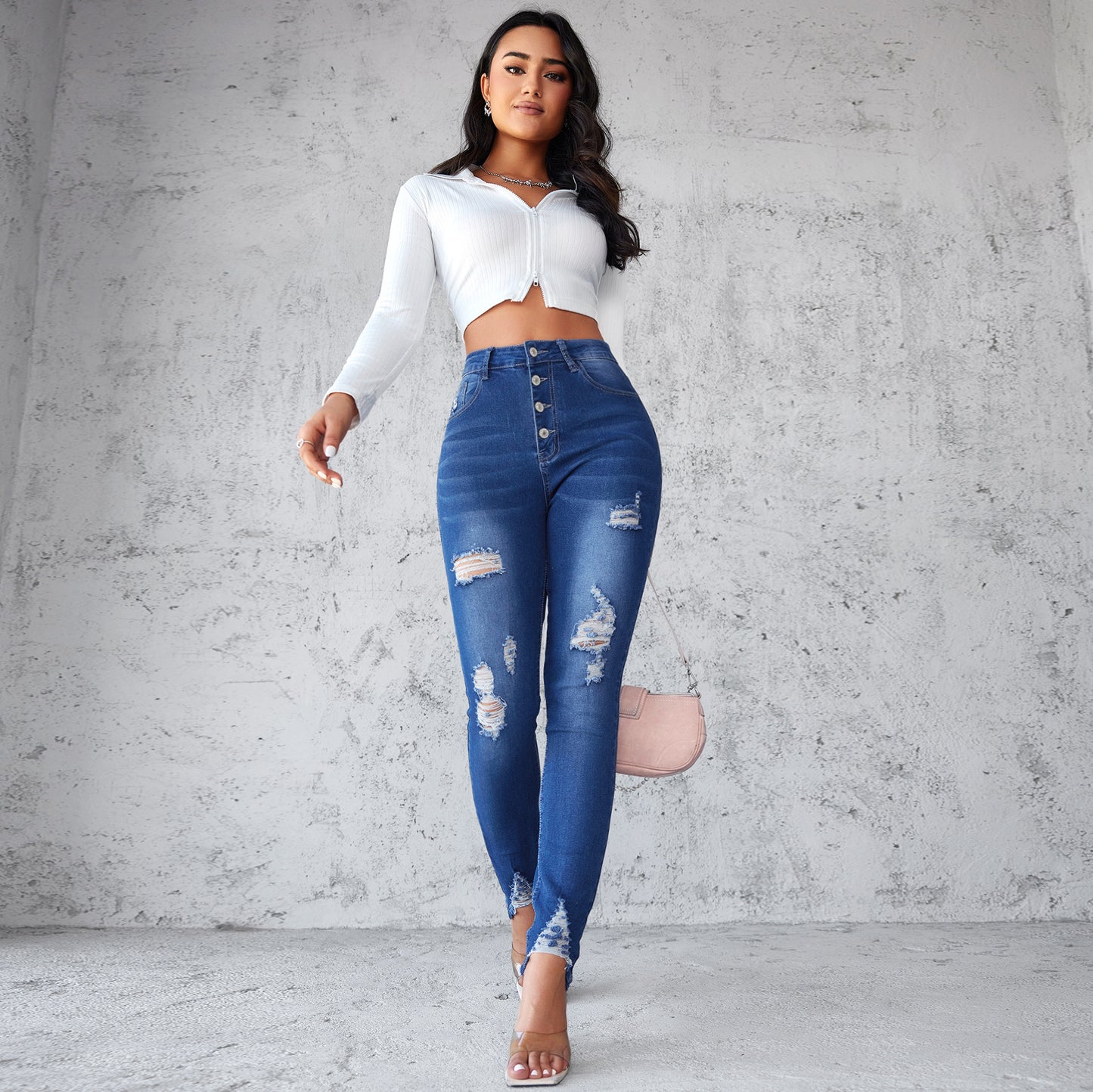 VAKKV 2025 New high-waisted tight jeans women's popular spring slim-fitting blue breasted small-footed pants pencil pants
