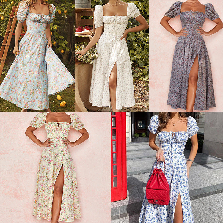 2024 European and American Women's Clothing Summer New Printed Floral Backless Slim Fit Sleeveless Split Dress