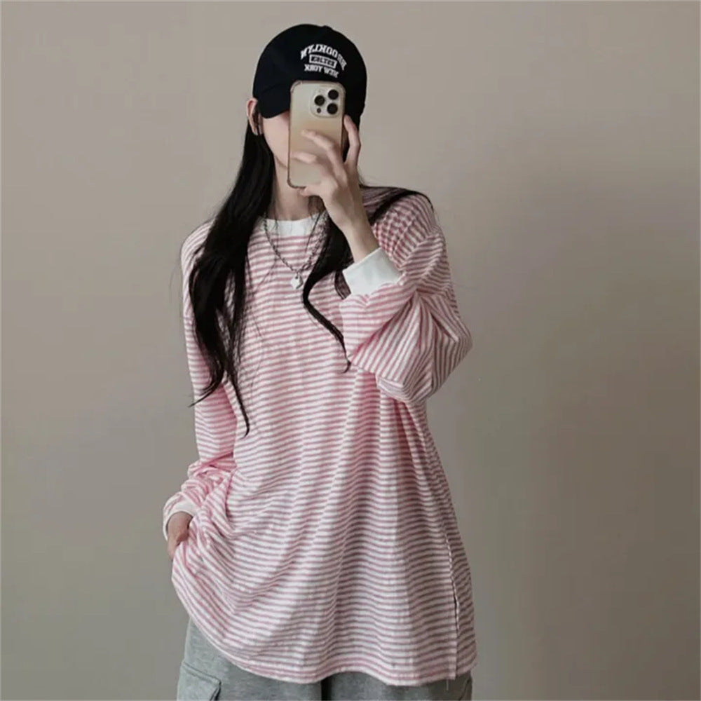 VAKKV Manufacturer's reversion Korean version of round neck striped sweater women's spring and autumn loose design sense versatile thin jacket trendy brand velvet