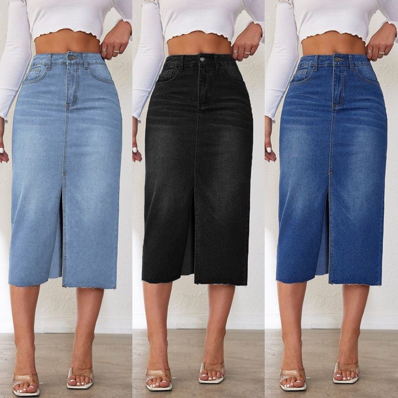 VAKKV Factory direct sales Popular trade New popular 2025n retro non-elastic half-body denim skirt women's medium and long split skirt