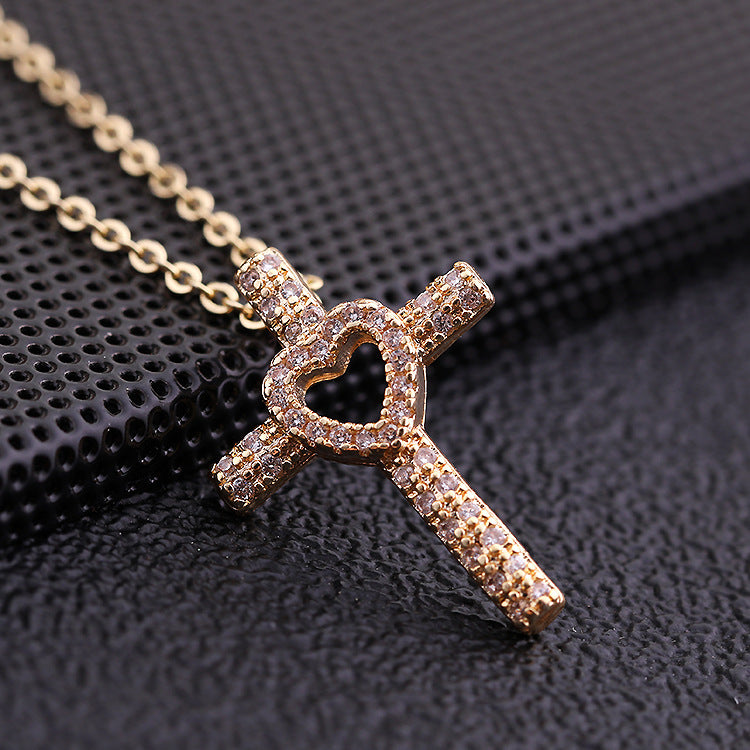 INS Vintage Gold Cross Necklace Personalized Pendant Zircon European and American Style Necklace Special-Interest Design Titanium Steel Clavicle Chain