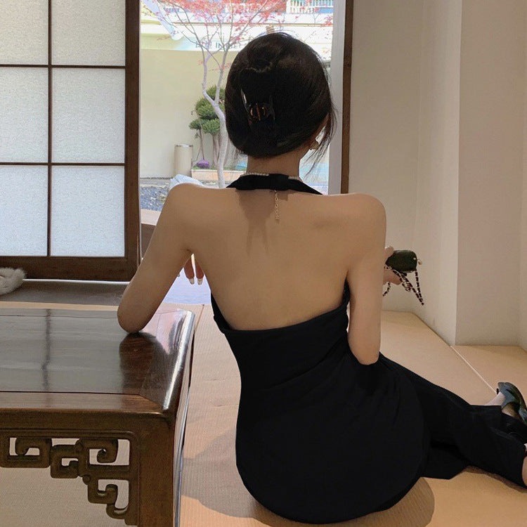 2025 Birthday party dress light luxury niche long dress sexy split neck sling hip dress women's summer