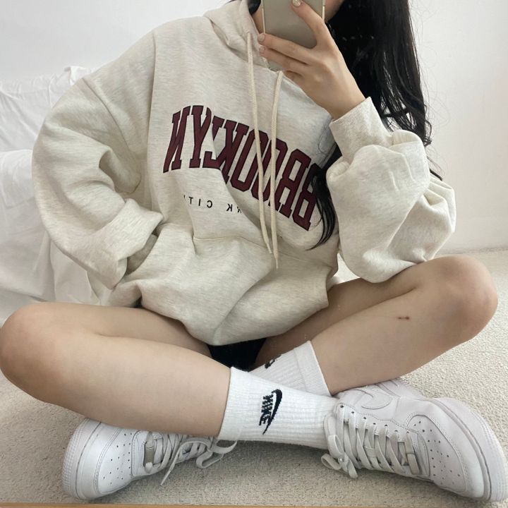 VAKKV Manufacturer sweater women's medium and long thickened velvet Japanese solid color lazy thin wholesale Korean version letter hooded loose spring