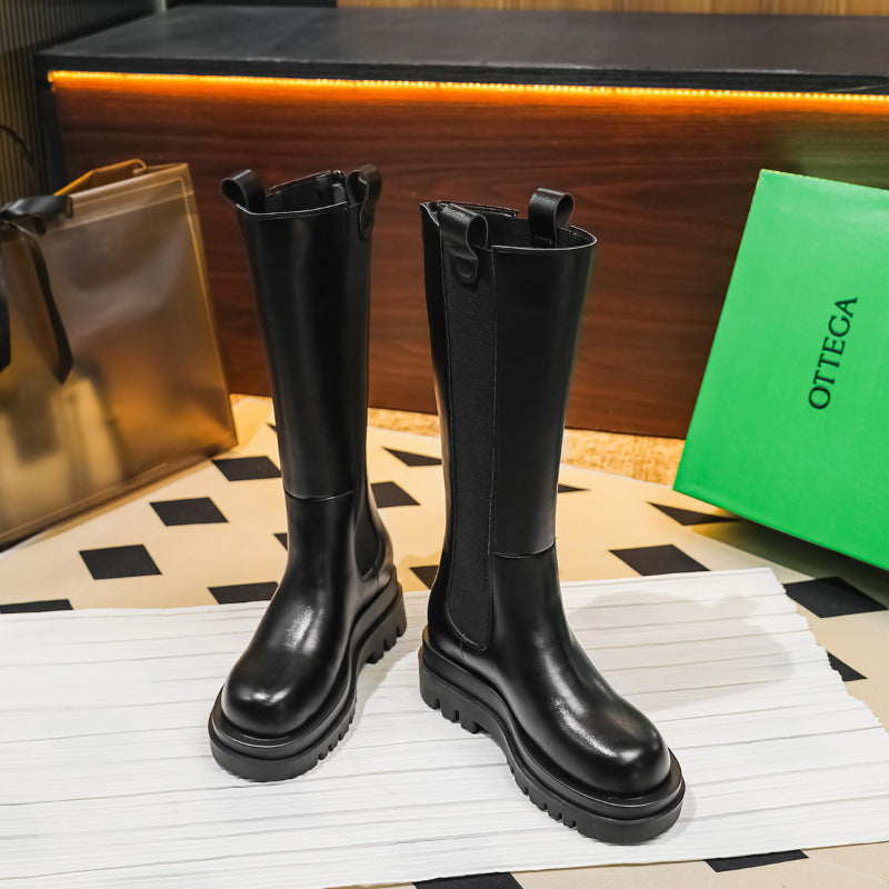 2025 Cowhide Edition~ New Martin Boots Women's Boots Knight Boots Fleece Warm Inner Heightening Boots Thick-soled High Boots