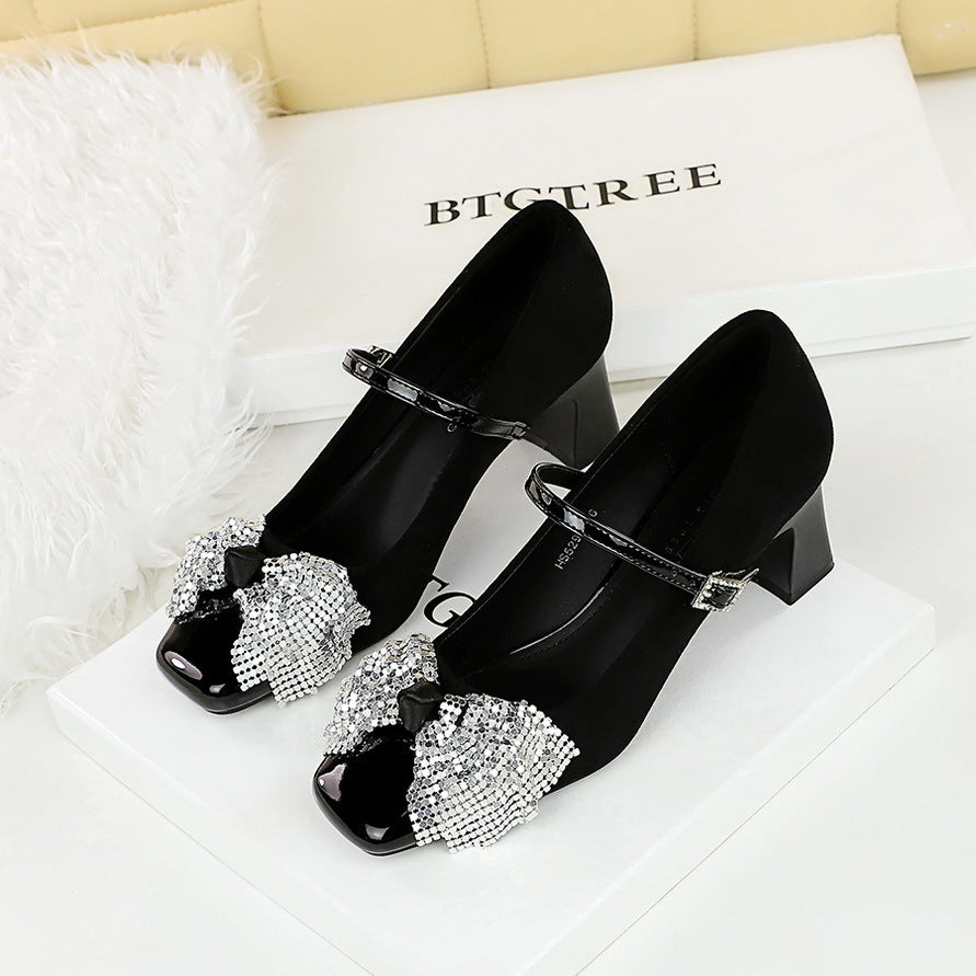 2025 5296-H65 Korean version one word with rhinestone buckle Mary Jane single shoes square head thick heel sequined bow medium heel women's shoes