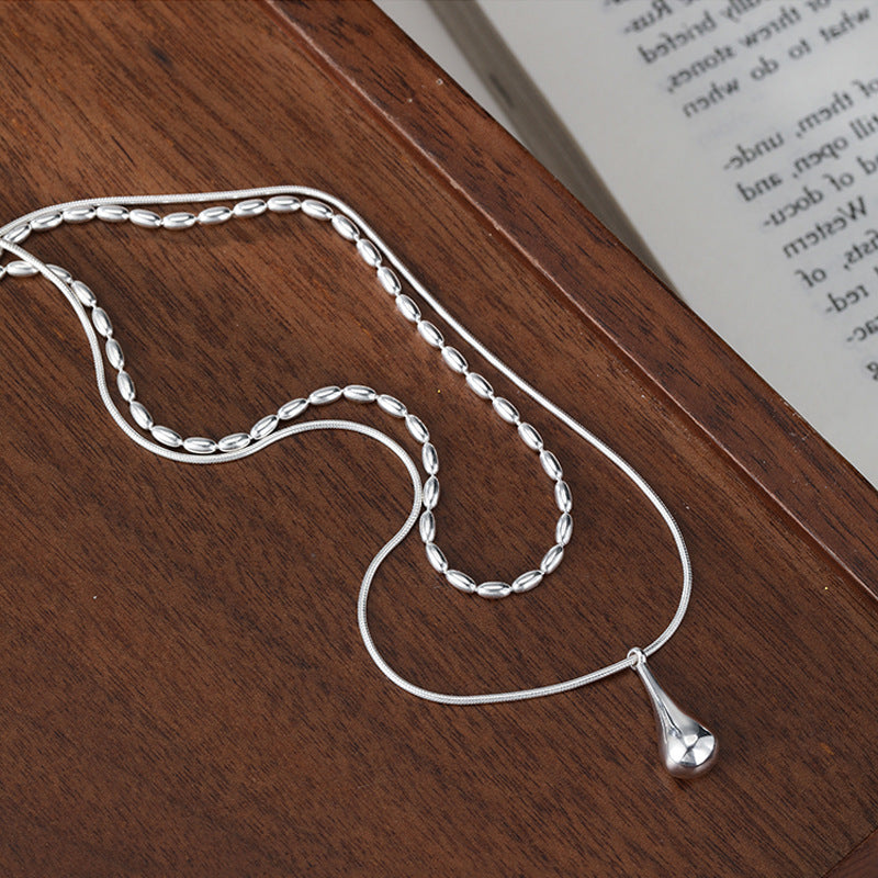 Water Drop Pendant Double-Layer Necklace for Women Niche Design Ins Cold Style Fashionable Simple Temperament Rice Grain Clavicle Chain