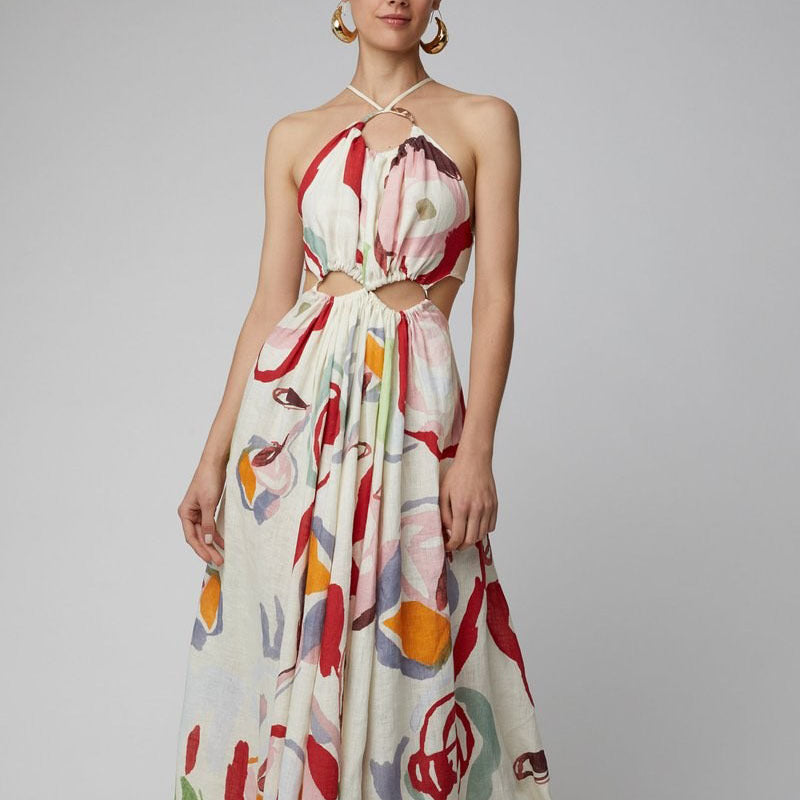 VAKKV Spring and Summer New Women's Clothing European and American New Slim Fit Large Swing Sexy Spaghetti-Strap Floral Print Long Dress Beach Dress Dress