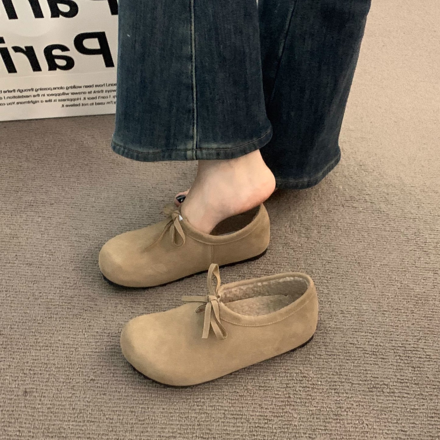 2025 In the evening wind, it increases in height, thick-soled leopard print and velvet Birkenstocks, and wears ugly and cute deep-mouth Doudou cotton shoes outside in autumn and winter