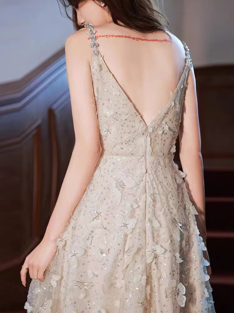 Little Evening Dress Female Spring/Summer High-End Elegant V-neck High-End Affordable Luxury Champagne Dress Daily Style Summer