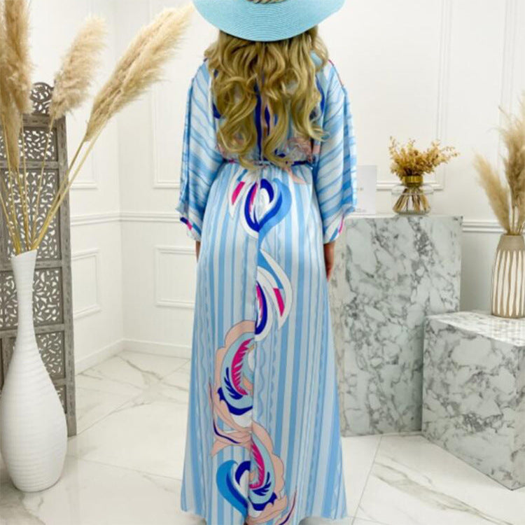 Hot Trade European and American Women's Clothing 2024 Summer New Fashion Printing Loose Lace-up Elegant Big Hem Dress