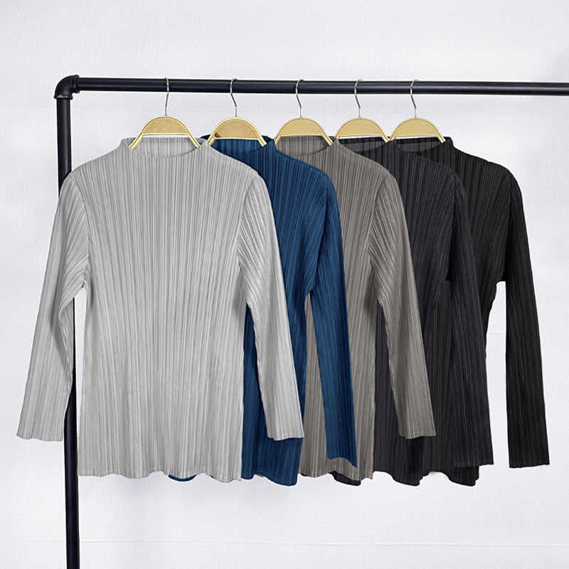 Miyake simple classic pleated women's clothing long-sleeved top spring short-sleeved stand-up collar T-shirt, one piece will be sent on behalf of others.