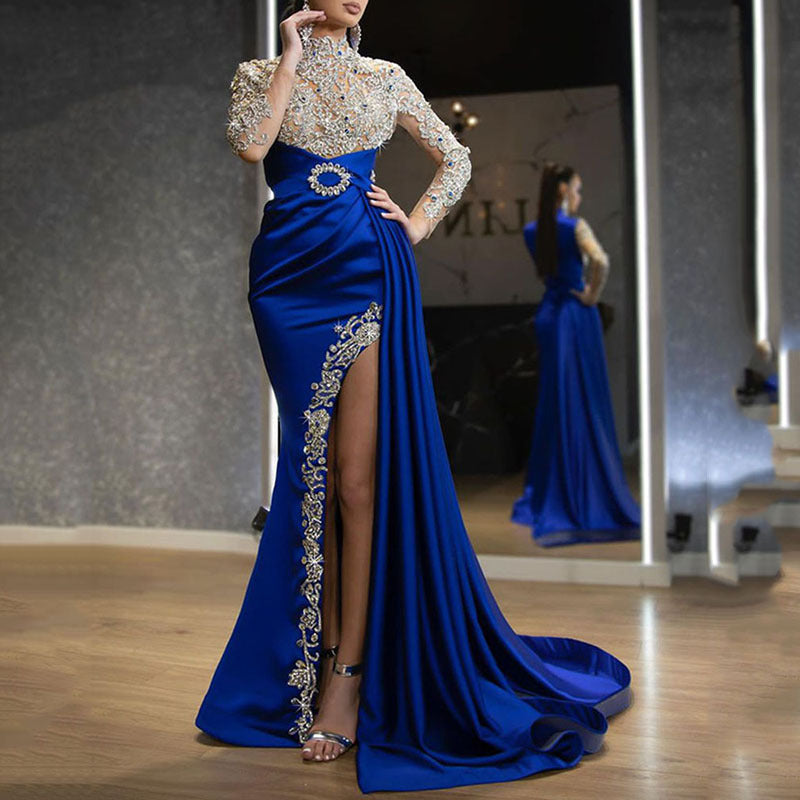 VAKKV European and American Foreign Trade New Women's Clothing Dress Blue Gold Split Stitching Half Turtleneck Evening Dress