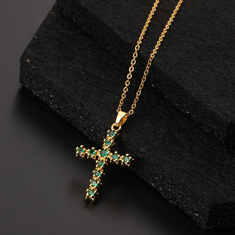INS Vintage Gold Cross Necklace Personalized Pendant Zircon European and American Style Necklace Special-Interest Design Titanium Steel Clavicle Chain