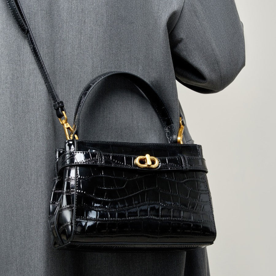 2025 new leather portable Kelly bag crocodile pattern texture commuter shoulder women's bag lock small square bag