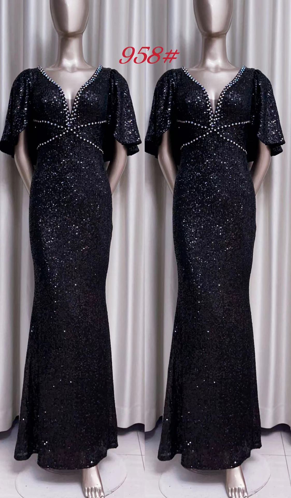VAKKV Champagne Gold Evening Dress plus Size Sequined Short Sleeve Host Conductor Birthday Bridesmaid Dress Piano Playing Fishtail Dress