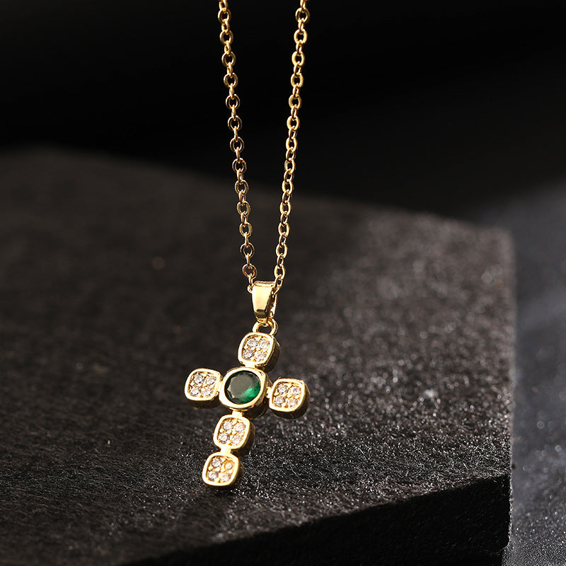 INS Vintage Gold Cross Necklace Personalized Pendant Zircon European and American Style Necklace Special-Interest Design Titanium Steel Clavicle Chain