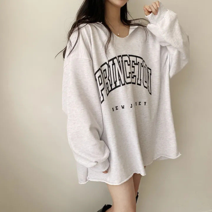 VAKKV Manufacturer lazy thin Taiwan autumn and winter Korean version letter hooded loose spring and autumn sweater women's V-neck medium and long trendy brand