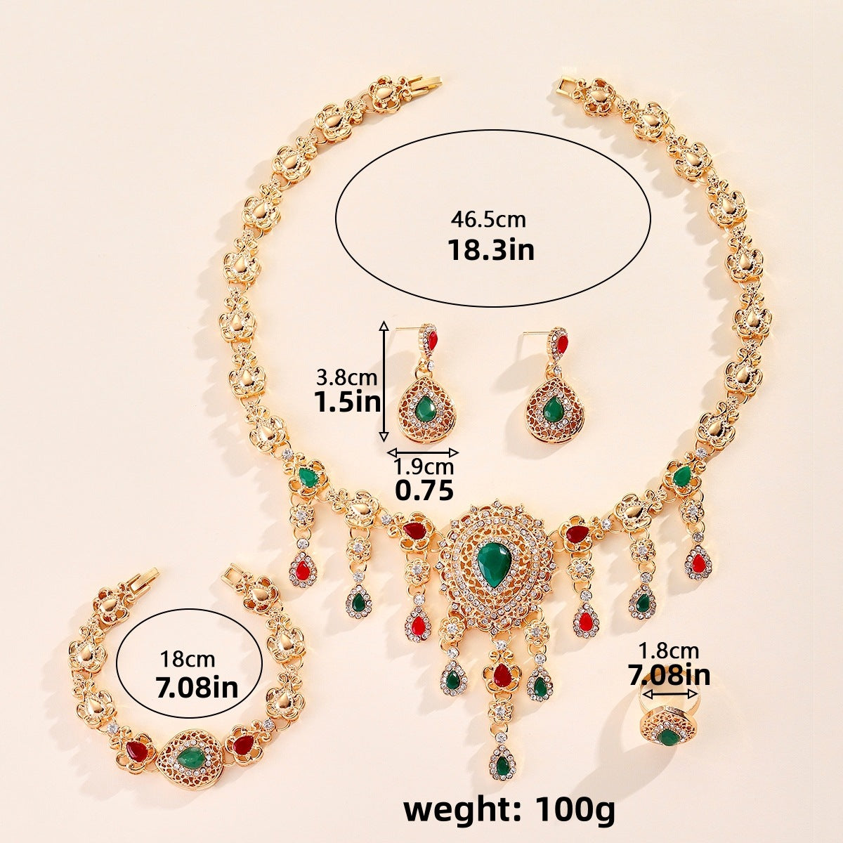 vakkv HOTan and NEWn Exaggerated Necklace Four-Piece Jewelry Suit Cross-Border New Arrival Personality Heart Water Drops Temperament Ring Necklace