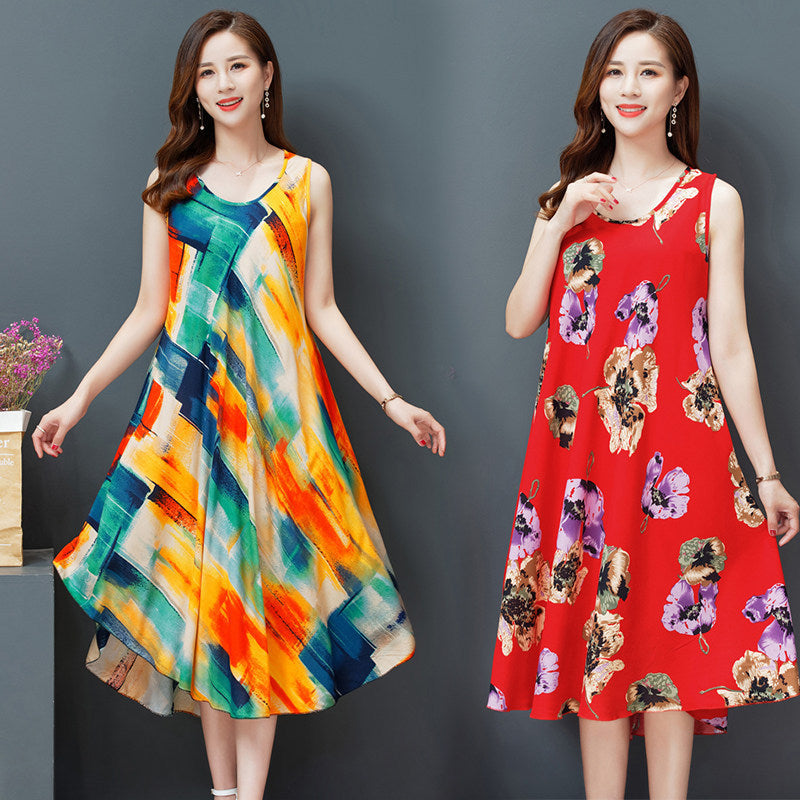 Large Size Bourette Vest Dress Summer New Ethnic Style Women's Clothing Artistic Retro Printing Sleeveless Swing Long Dress