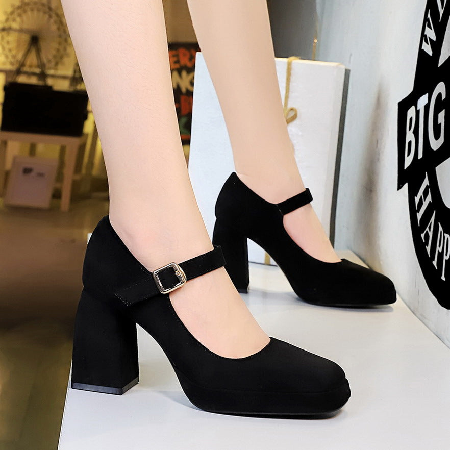 VAKKV 2025 9613-5 style retro high heel thick heel waterproof table suede shallow mouth square head belt buckle one word belt single shoes women