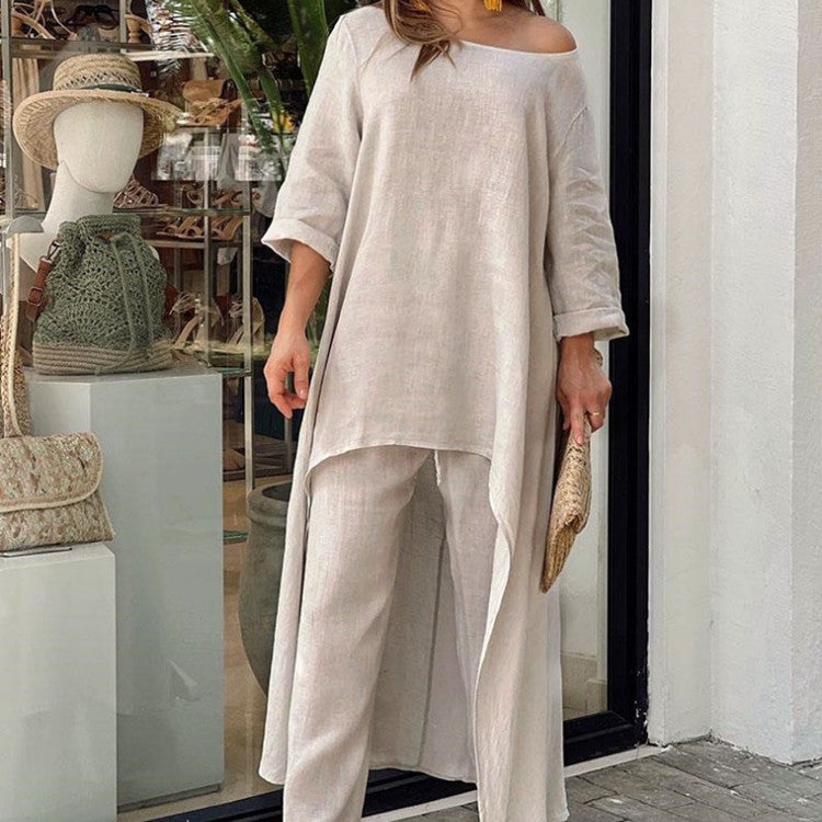 European and American New Women's Clothing Cotton and Linen Fashion Casual plus Size Irregular Long Sleeve Suit Wide Leg Pants Two-Piece Set