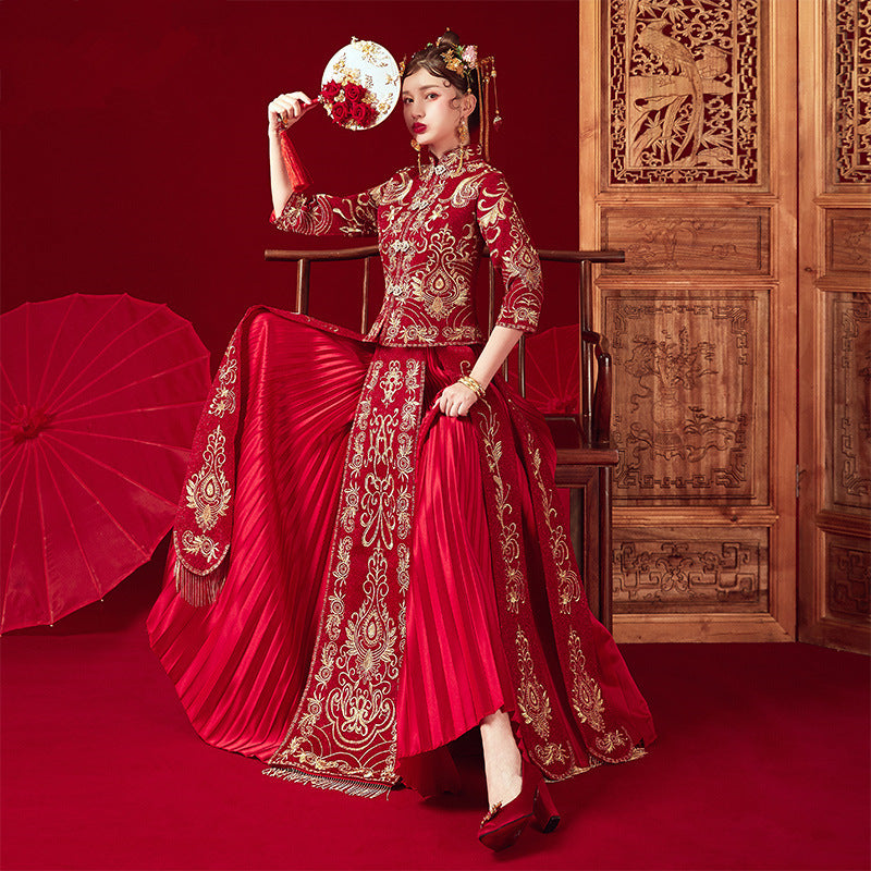 VAKKV Chinese Wedding Dress Dress Female New Xiuhe Clothing Bridal Wear Wedding Celebration Toast Gift Chinese Red Wedding