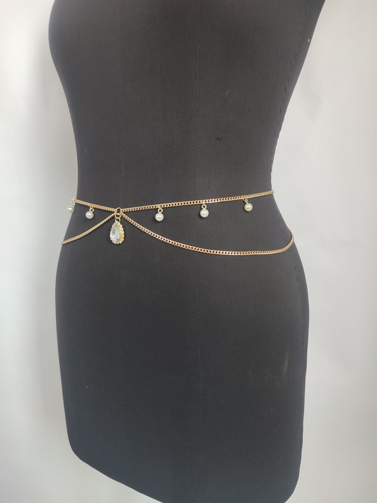 2025 MW3082 2025 waist chain crystal gemstone pearl grain pendant double layer cross metal thin chain waist chain