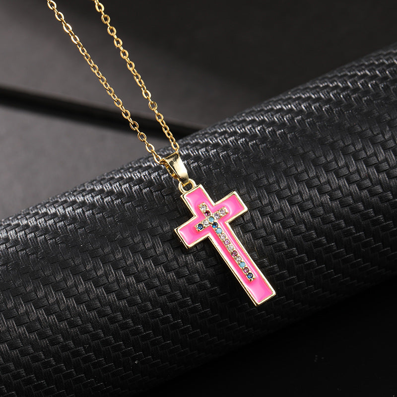 INS Vintage Gold Cross Necklace Personalized Pendant Zircon European and American Style Necklace Special-Interest Design Titanium Steel Clavicle Chain