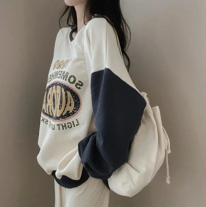 VAKKV Manufacturer college style color matching crew neck sweater women's loose thin lazy oversize Korean chic spring and autumn coat