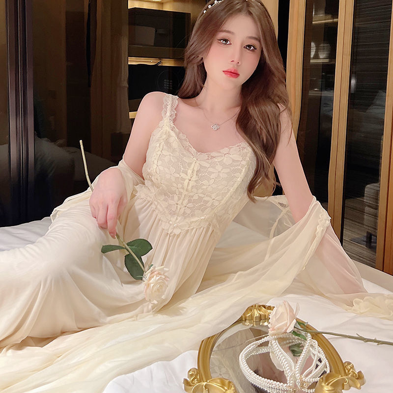 2025 Pajama women's spring and autumn new mesh lace splicing long-sleeved sexy long dress very fairy pajama dress
