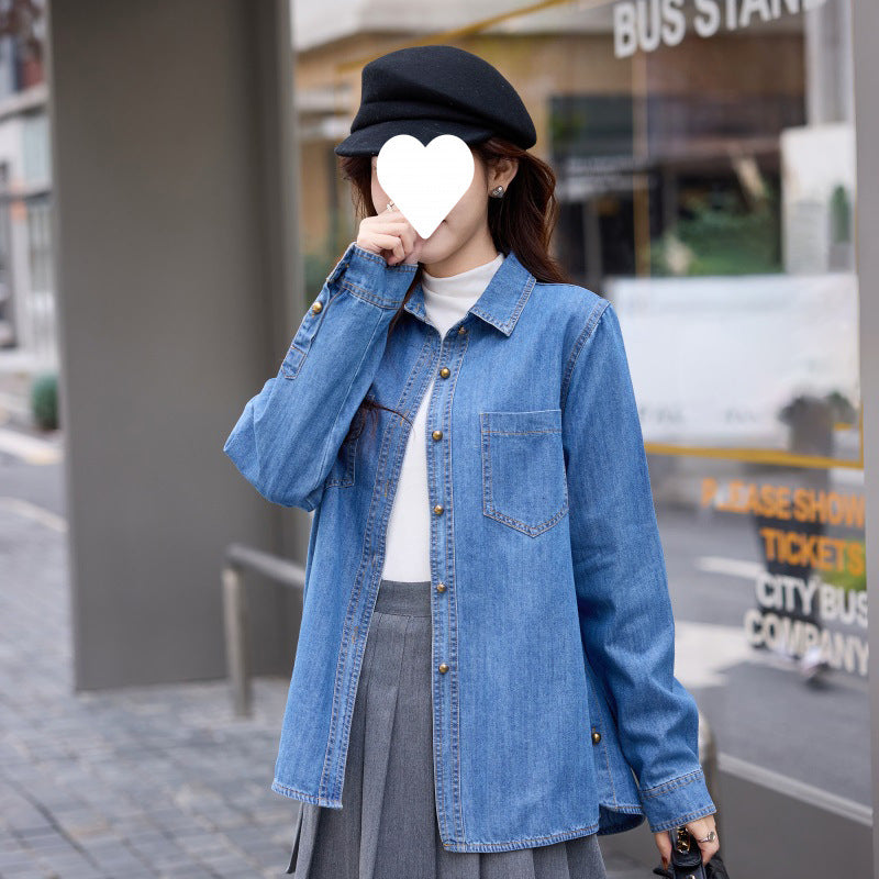 Retro Hong Kong style front shoulder denim shirt 2025 spring new design sense small long sleeve shirt stacked top