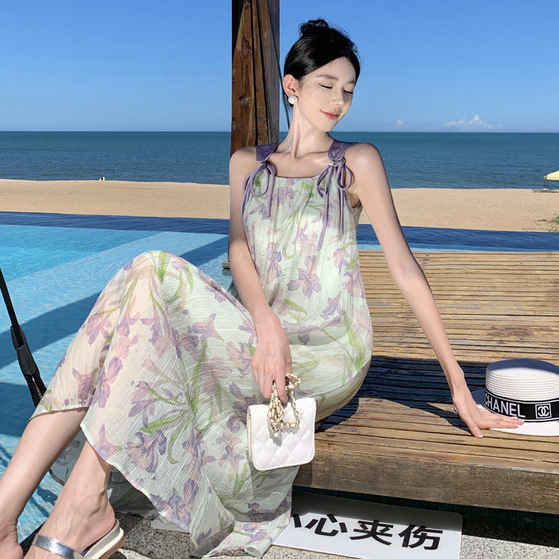 2025 Purple floral fairy summer sleeveless off-the-shoulder beach dress loose lazy vacation style daughter suspender dress