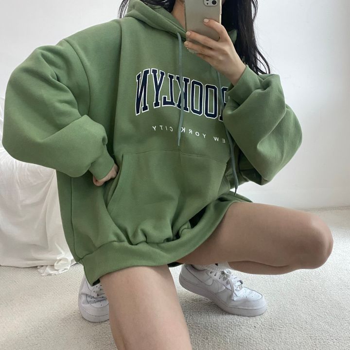 VAKKV Manufacturer sweater women's medium and long thickened velvet Japanese solid color lazy thin wholesale Korean version letter hooded loose spring