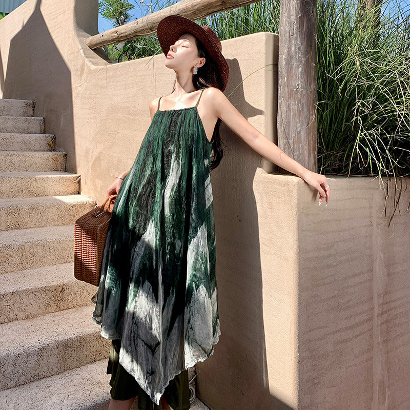 2025 Smudge print pleated suspender fishtail skirt femininity design fake two-piece long dress loose big skirt dress
