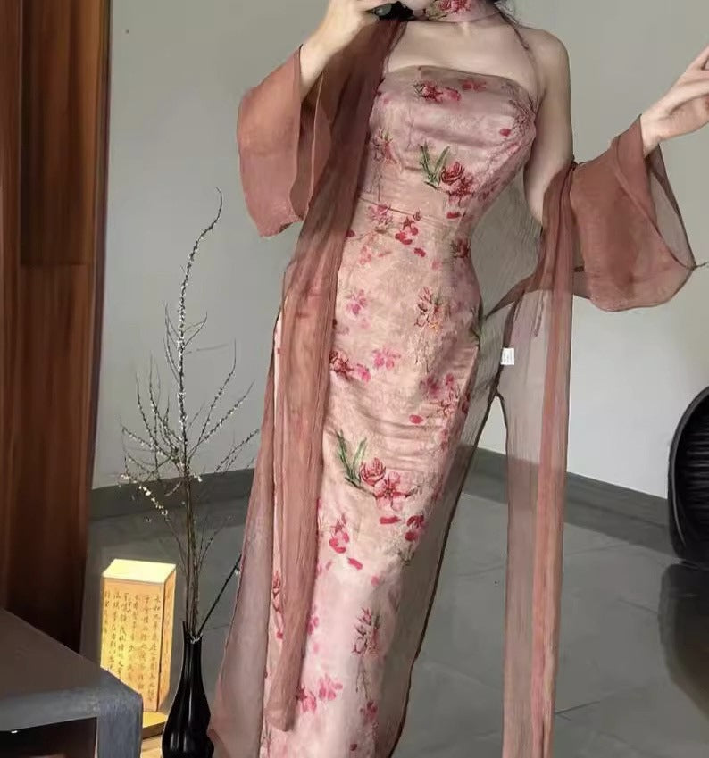 VAKKV 8478# Homemade Pink Sequence Flat Collar Split Neck Sling National Style Improved Cheongsam Dress Sling