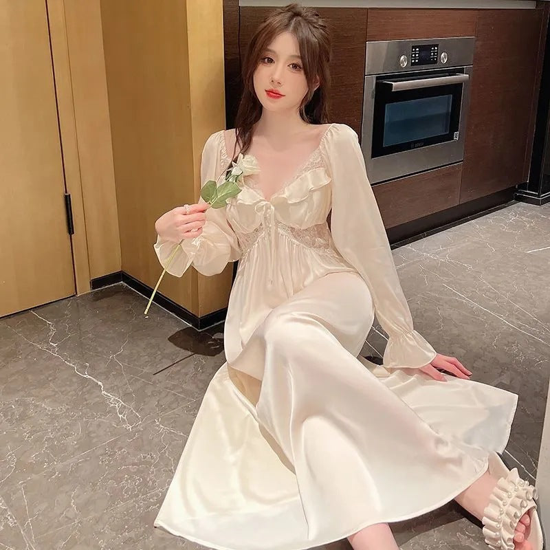 2025 Spring and Autumn Very Fairy Pajamas Women's Sweet Ice Ribbon Chest Pad Lace Sexy Princess Style Pajamas Long Sleeve Loungewear