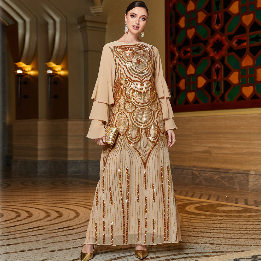 S009 gold multi-layer lotus leaf sleeve positioning sequined embroidered robe spot Amazon ins dress