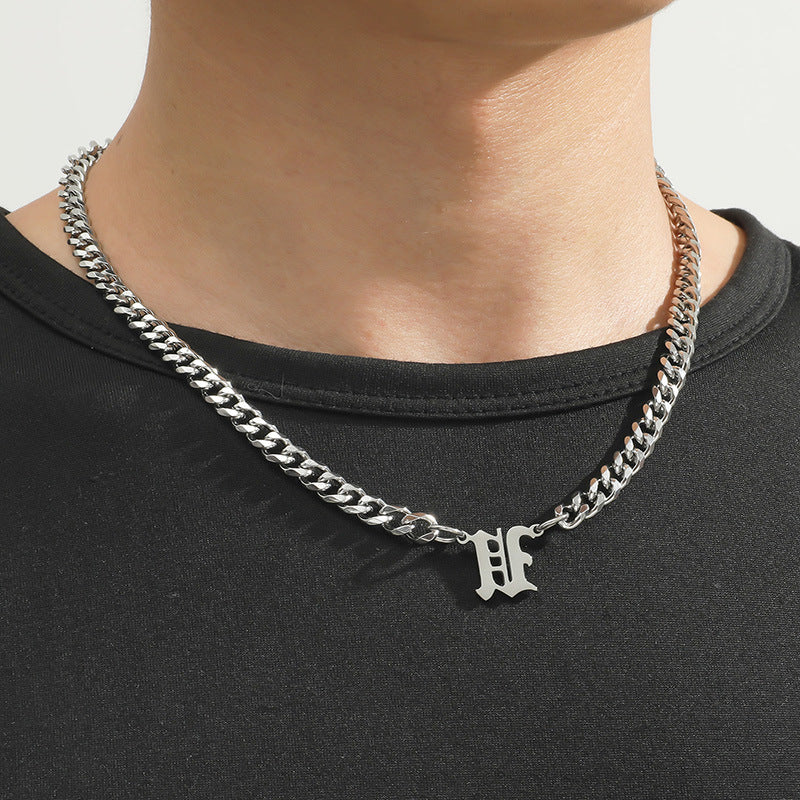 Cross-Border Hot Selling Stainless Steel English Letter Pendant Necklace Ins Cuban Necklace Hip Hop Street Trend New Product