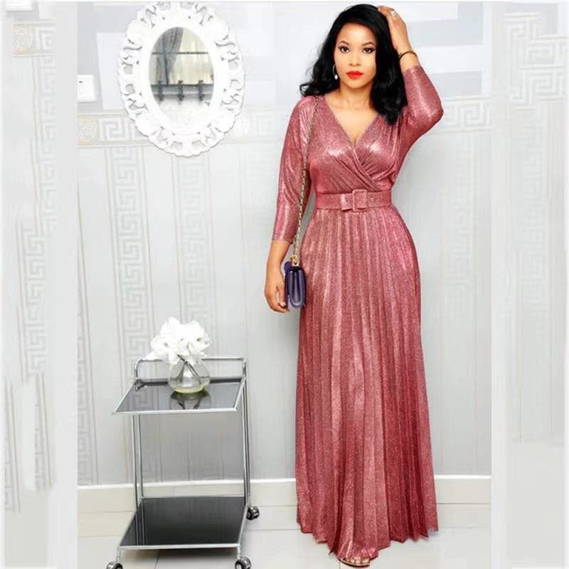 2025 spring New Popularan, 2025n and African women's fashion long-sleeved bronzing pleated pendulum skirt with belt bright pink dress