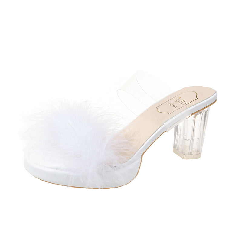 Fashion Fur Hyoma Women's Spring and Summer New Open Toe Square Toe Stiletto Heel Internet-Famous Outdoors High Heel Semi-Slipper Women
