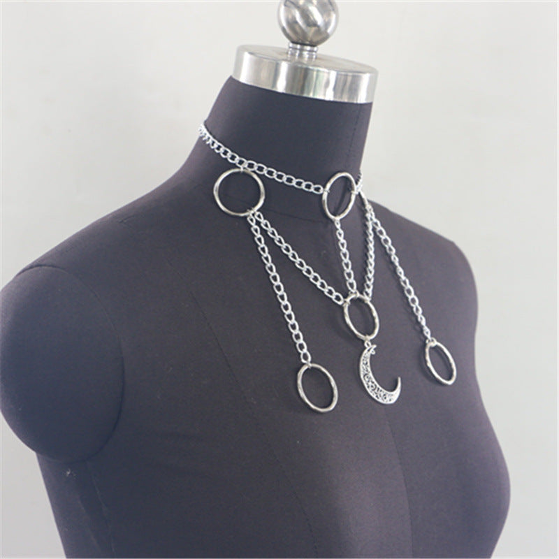 2025 MW2885 2025 necklace fashion alloy hollow crescent small ring pendant metal chain necklace neck jewelry