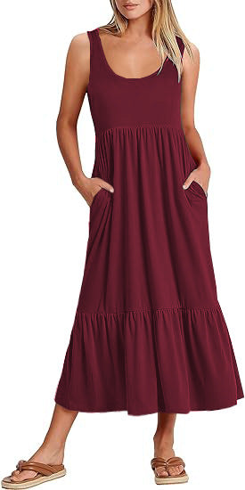 Cross Border Hot Summer Sleeveless Vest Dress Expansion Skirt Casual Elegant Layered Beach Pocket Dress for Women