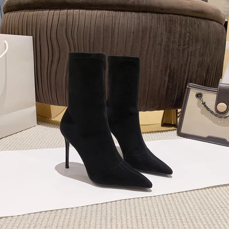 2025 High heels short boots women's thin heels pointed popular new versatile spring and autumn single boots elastic thin socks boots winter velvet