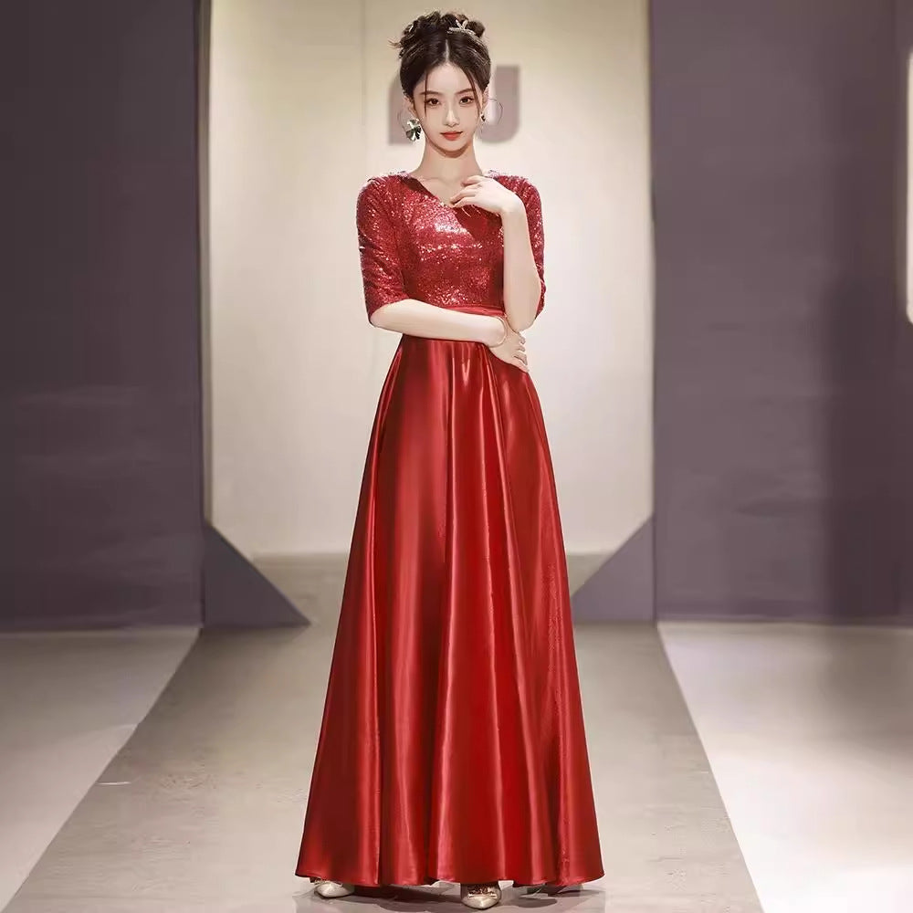 VAKKV Red Choir Long Dress Performance Costume Evening Dress Half Sleeve Adult Host Stage Competition Red Song Performance Costume
