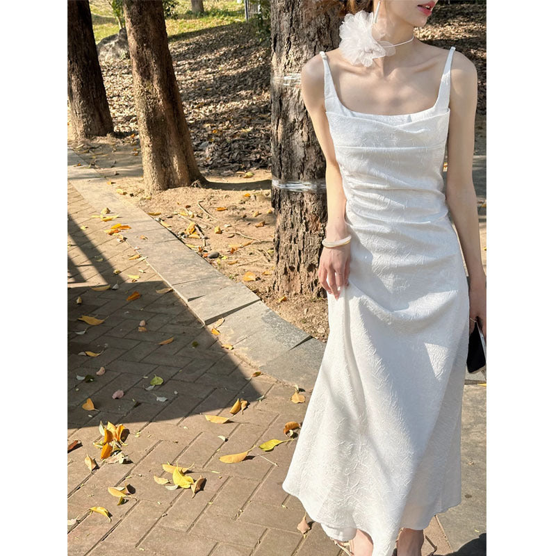 VAKKV Fahua Factory-Streamer Texture Satin Dress Retro Green Suspender Skirt Slim Fit Long Dress